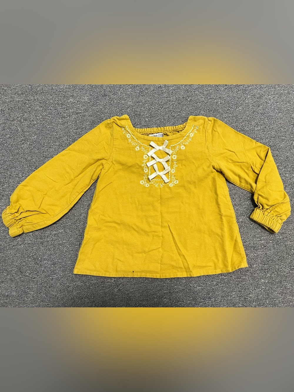 Girl’s Mustard Embroidered Flower and Bow Long Sleeve Top 5-6T